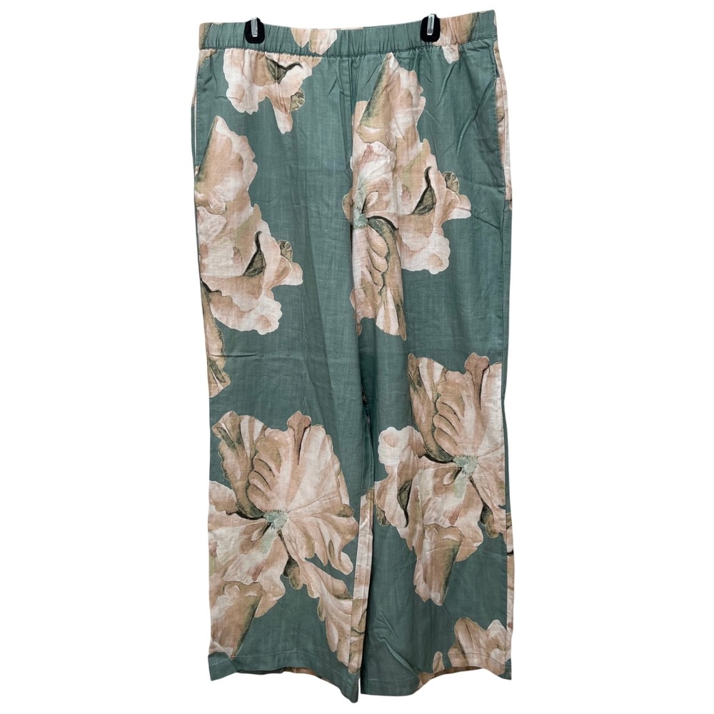 Soft Surroundings Fleur Pants XL Green Floral Wide Leg Linen Lyocell Blend 2FT07